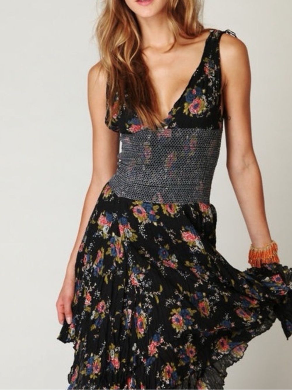 Free People One Wisteria Lattice Black Floral High-Low dress